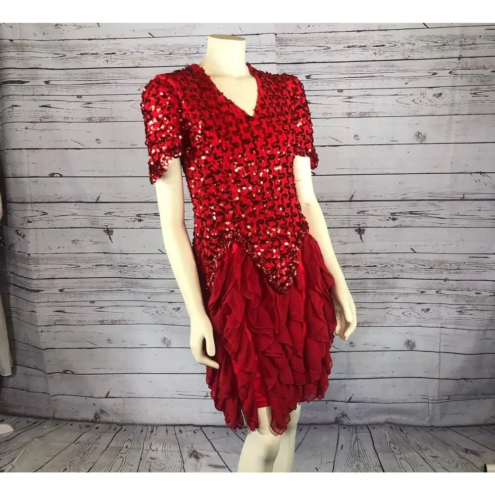 American Vintage Dollar Red Sequence layered ruffled party dress size small